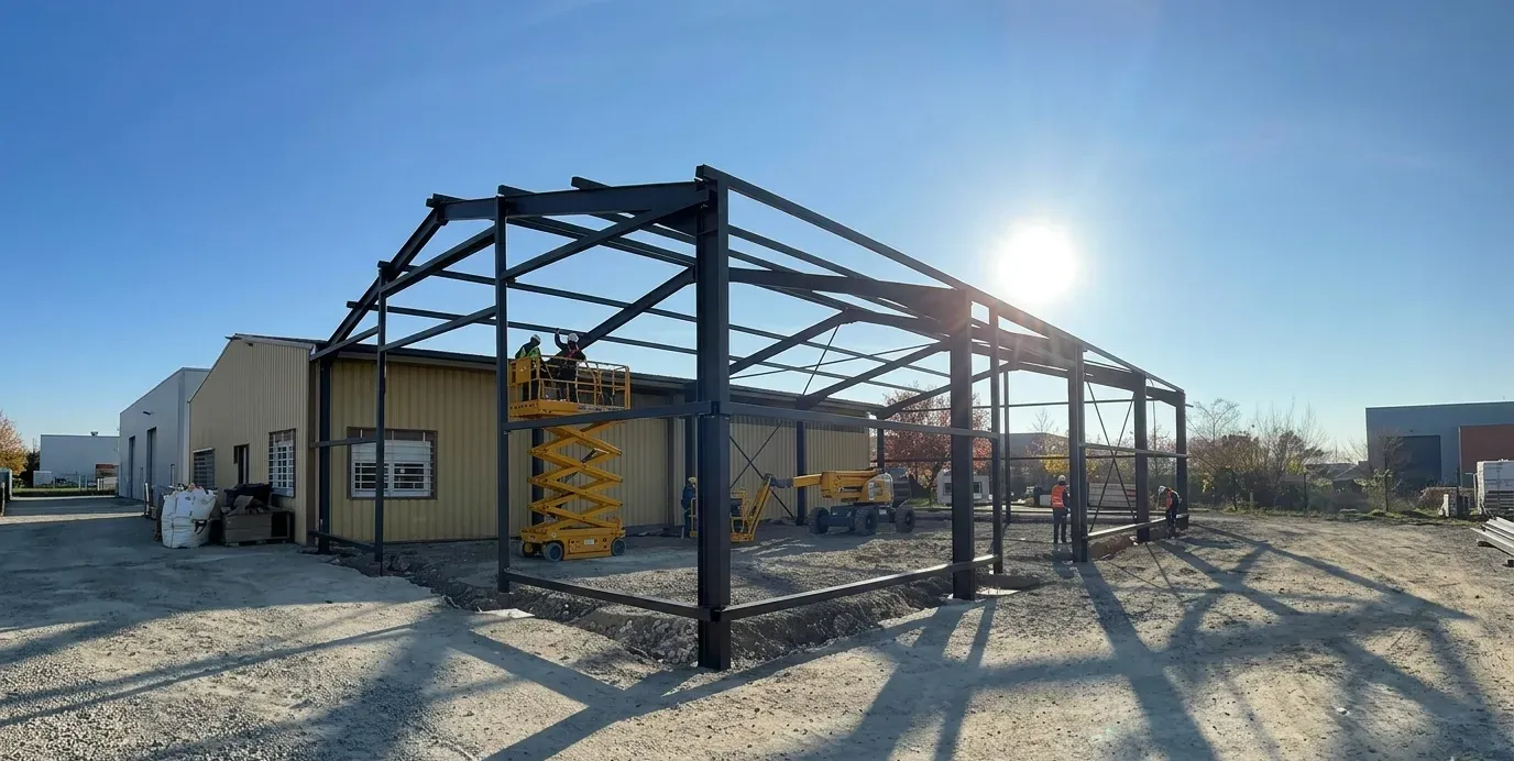 Portique métallique en cours de montage pour bâtiment industriel, ossature acier et contreventement visibles