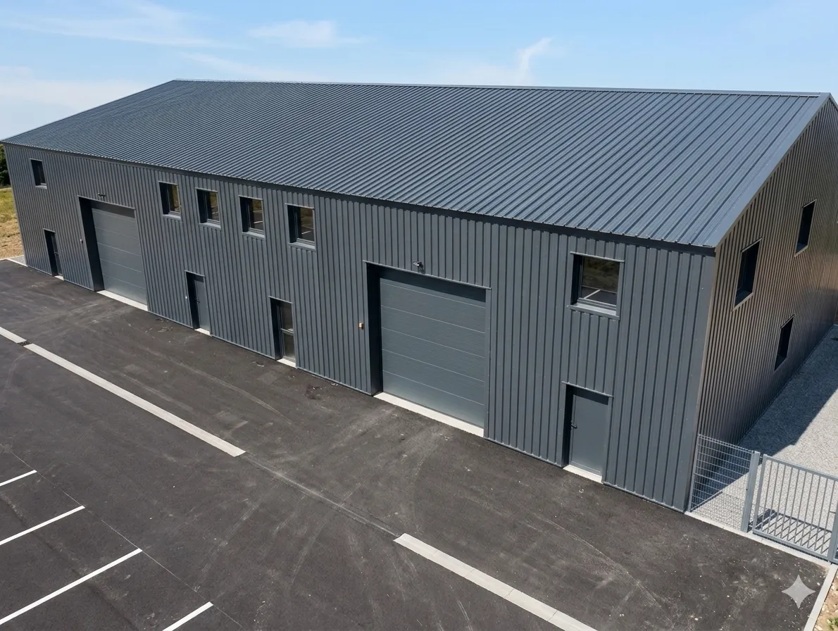 Entrepôt logistique avec ossature acier et panneaux sandwich en toiture, bardage extérieur gris