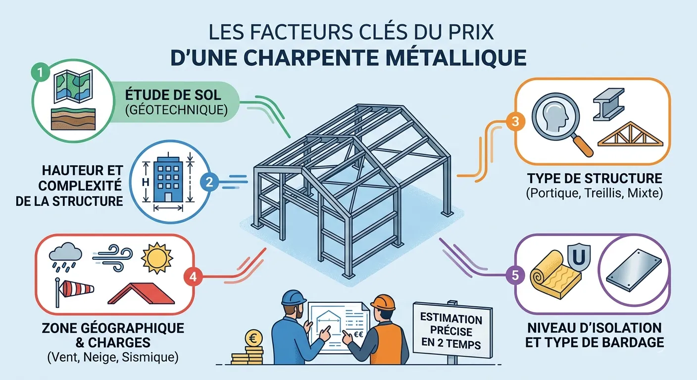 Facteurs influençant le prix d'une charpente métallique : terrain, hauteur, isolation, bardage