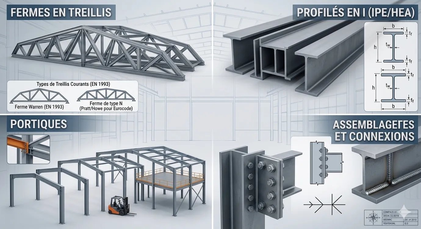 Différents types de structures métalliques : portique, treillis, poutre en I et poutre reconstituée soudée